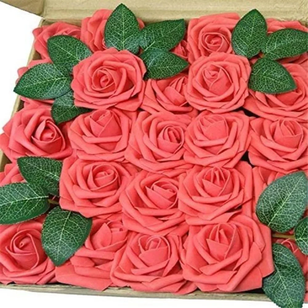 Artificial Flowers 50PCS Real Looking Coral Fake Roses with Stem